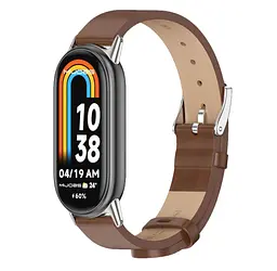 Шкіряний ремінець Mijobs для фітнес браслета Xiaomi Smart Band 9 Brown Silver - мініатюра 2