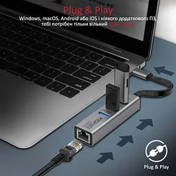 Концентратор Promate USB Hub 4 ports gigahub-c.grey (gigahub-c.grey) - мініатюра 5