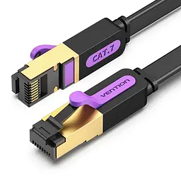 Плоский сетевой патч-корд Cat.7 Vention 5 м профиль 2,5 × 8,2 мм Ethernet-кабель штекеры RJ45 8P8C с обоих концов до 10 Гбит/с при условии поддержки этой скорости обоими сетевыми портами экранированный алюминиевой фольгой чёрный с фиолетовыми и золотистыми акцентами (ICABJ)