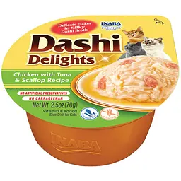Ласощі для котів INABA Dashi Delights, курка з тунцем та морським гребінцем, 70 г