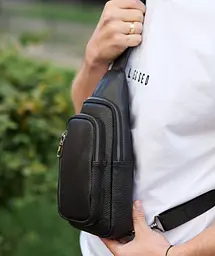 Сумка слінг чоловіча через плече 19х31х7 з натуральної шкіри TIDING BAG 32545 чорна 19 см - мініатюра 5