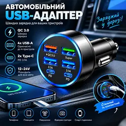 Автомобільний зарядний пристрій 6-в-1 PowerHub 100Вт (4USB + 2PD) - мініатюра 2
