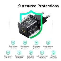 Зарядний пристрій Baseus Palm Fast Charger C+U 30W EU Cluster Black (with Mini White Cable USB-C to USB-C 60W (20V/3A) 1m) (P1011160A113-01) - мініатюра 4