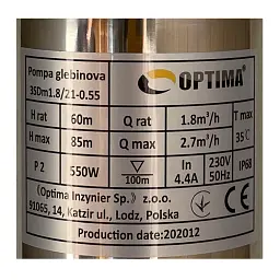 Насос свердловинний з підв, стійк, до піску 3" OPTIMA 3SDm1,8/21 0,55 кВт 85м +пульт+кабель 45м NEW - мініатюра 2