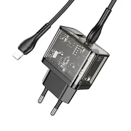 Зарядний пристрій Hoco N34 USB/ Type-C QC PD 20W прозоро-чорний + кабель Type-C to Lightning - мініатюра 5