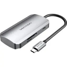 Хаб USB 6-in-1, Grey, Type-C 3.2 - 1xType-C (100 Вт) / 3xUSB 3.0 / microSD / SD, кабель 15 см Vention teh0027585