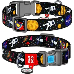 Нашийник для собак Waudog Nylon нейлоновий з QR паспортом, малюнок NASA, пластиковий фастекс, M, Ш 20 мм, Дов 24-40 см