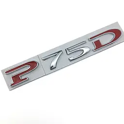 Емблема напис P75D для Tesla 125х15мм ХРОМ+ЧЕРВОНИЙ метал (на скотчі)
