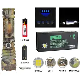 Ручний ліхтар RB-263 протиударний акумуляторний із зумом Zoom P50 18650 або 3xAAA Micro-USB Зелений - мініатюра 3