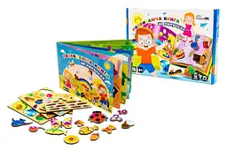 Розвиваюча сенсорна книга на липучках PuzzleOk з дерева 11 сторінок 71 деталь для дітей 3+ (Puz-88891)