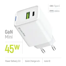 Зарядний пристрій ColorWay C101E GaN Mini 45W PD PPS USB-C + USB-A QC4.0 white (CW-CHS060PD-WT) - мініатюра 6