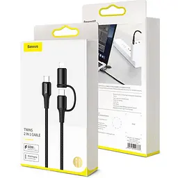 Кабель Baseus Twins Cable Type-C to Type-C 60W (20V/3A)+iP(5V/2A) 1m CATLYW-01 Black - мініатюра 2