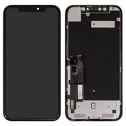 Дисплей для iPhone XR, чорний, з рамкою, Оригінал (переклеєне скло), з пластиками камери та давача приближення