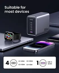 Зарядний пристрій Ugreen CD333 Nex 1U + 4C 300 W GaN адаптер живлення сірий - мініатюра 7