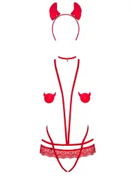 Еротичний костюм чортика зі стреп Obsessive Evilia teddy red S/M, боді, чокер, накладки на соски, обруч з ріжками - мініатюра 5