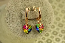 Сережки підвіски Xuping Jewelry Сваровські сердечки зелені хамелеон 2,8 см золотисті