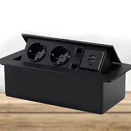 Розетка для підлоги висувна із заземленням J29L, дві розетки + 2 * USB + 2* RJ45, Input: AC 100-250V 16A, Black