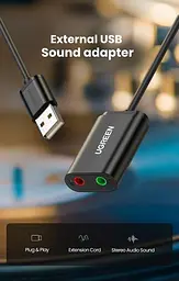 Зовнішній стереофонічний звуковий адаптер Ugreen US205 для навушників USB 3,5 мм Black (30724) - мініатюра 5