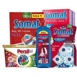 Набір засобів для посудомийної машини Somat 4 шт. + диски для прання Persil Expert Deep Clean Stain Removal 4 in 1 Discs 11 шт.