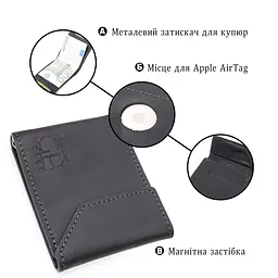Компактний шкіряний затискач для грошей з утримувачем для Apple AirTag Grande Pelle 11617 чорний - мініатюра 4