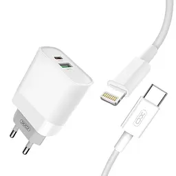 Сітчастий зарядний пристрій XO L64 USB-A/USB-C QC&PD3.0 18W 3A with Lightning-Type-C cable Білий