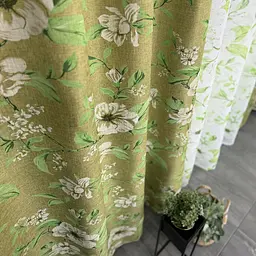 Льняні штори зеленого кольору з квітами 150х270 з тюлистом батистовим 400х270 на тасьме ALBO pbe0052610 - мініатюра 3