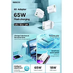 Зарядний пристрій Remax RP-U125 Kiddy Series 1USB+1Type C 65W White - мініатюра 2
