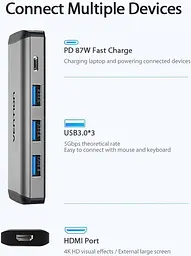 USB-хаб Vention Type-C to HDMI/USB3.0*3/PD Converter 0.15M Gray Metal Type (CNBHB) (CNBHB) - мініатюра 5