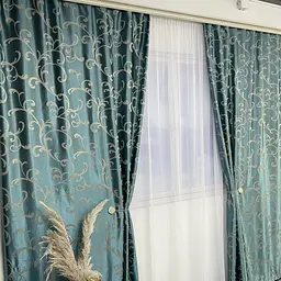 Жакардові штори "вензель" бірюзового кольору 2шт. 150х270 з білим шифоновим тюлем 400х270, на тасьмі ALBO pbe0052766 - мініатюра 3