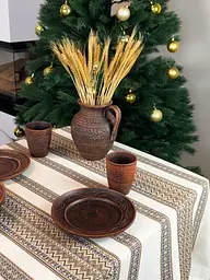 Лляна скатертина різдвяна з українським орнаментом Рандеву коричневий 260х150 см - мініатюра 2