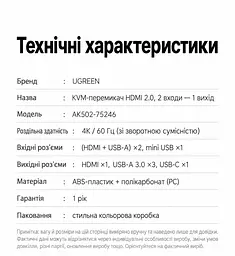 HDMI KVM-перемикач UGREEN AK502 2 ПК на 1 монітор зі спільними клавіатурою та мишею входи HDMI 2.0 та USB-A 4K 60 Гц 2K 144 Гц 1080p 240 Гц (75246) - мініатюра 4