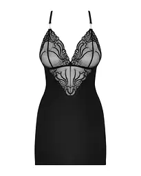 Сатиновий комплект для сну з мереживом Obsessive 828-CHE-1 chemise & thong чорний сорочка стор L/XL - мініатюра 5