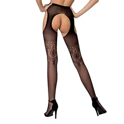 Еротичні колготки-бодістокінг Passion S017 black імітація ажурних панчох та поясів S/M/L - мініатюра 2