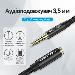 Аудиоудлинитель Vention 10 м 3,5 мм TRRS штекер на гнездо с поддержкой микрофона гарнитуры через совместимое комбинированное гнездо с сохранением управления кнопками совместимой гарнитуры в хлопковой оплётке с позолоченными контактами чёрный (BHCBL) - миниатюра 8