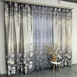 Атласні штори з квітами сірого кольору 150х270 з батистовим тюлем 400х270 ALBO pbe0052612 - мініатюра 3