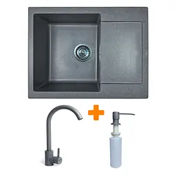 Adamant Набір кухонний Minimal, штучний камінь, прямокут., з крилом, 615х495х200мм, чаша - 1, врізна, сірий + змішувач та дозатор