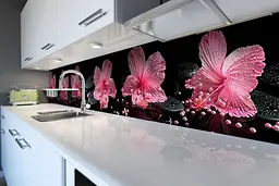 Кухонний фартух вініловий Рожевий гібіскус Перли для кухні наклейка ПВХ квіти 60х300 см Happy Pocket Z180581
