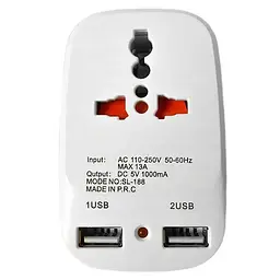 Мережевий перехідник трійник з USB, 2 розетки, 2 USB порти, універсальний адаптер білий