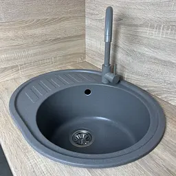 Adamant Мийка кухонная Ovum, штучний камінь, овальна, з крилом, 615х495х200мм, чаша - 1, врізна, сірий + змішувач - мініатюра 2