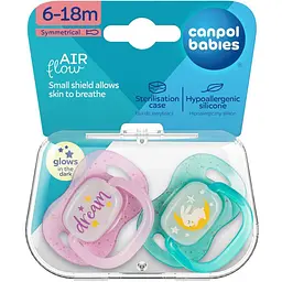 Пустушка силіконова симетрична Canpol babies NightGlow 6-18 місяців 2 шт. рожева (34/943_pin) - мініатюра 6