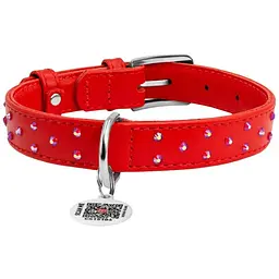 Нашийник для собак Waudog Glamour, шкіряний, зі стразами, з QR паспортом, L, 30-39х2 см,червоний