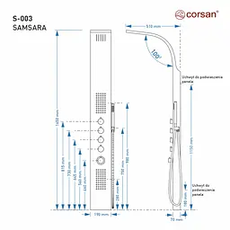 Душова панель Corsan Samsara inox LED S003MSLLED, Нержавіюча сталь - мініатюра 4