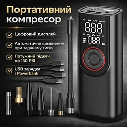 Портативний компресор з цифровим дисплеєм, автомобільний насос 12 В, міні-компресор для шин авто / мото / велосипеда - мініатюра 2
