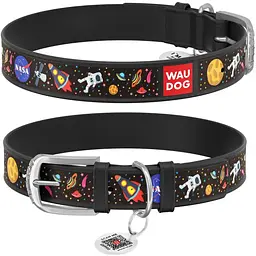 Нашийник для собак Waudog Design NASA, шкіряний, з QR паспортом, S, 27-36х1,5 см, чорний - мініатюра 4