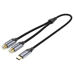 Аудіокабель-перехідник Vention 1,5 м тюльпани зі штекера USB-C на 2 гнізда RCA із вбудованим ЦАП у бавовняному обплетенні для підключення до гнізд RCA потрібен додатковий стереокабель RCA зі штекерами на обох кінцях сірий (BGVHG)