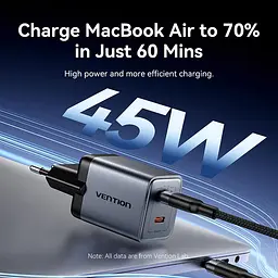 Зарядний пристрій 2xUSB-C 45W PD3.0/QC/GaN + USB-C cable М-М чорний Vention - мініатюра 9