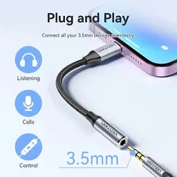 Перехідник Lightning to 3.5mm 0.1m cotton braided aluminum gray Vention (BMBHA) - мініатюра 11