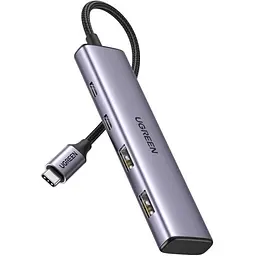 Хаб Usb Ugreen CM473, Grey, Type-C 3.0 - 2xType-C 3.0 / 2xUsb 3.0, кабель 15 см, алюмінієвий корпус (15395)