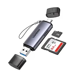 Кардридер UGREEN CM185 зі штекерами USB-A та USB-C для одночасного читання SD і microSD інтерфейс USB 3.0 до 5 Гбіт/с передавання даних із карт приблизно 100 МБ/с для смартфонів і планшетів із USB-C та підтримкою OTG без драйверів для Windows macOS і Linux сумісний також із ChromeOS та iPad із USB-C із пружинним виштовхуванням microSD з ремінцем для носіння темно-сірий (50706)