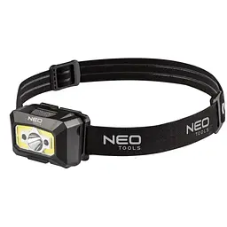 Neo Tools Ліхтар налобний акумуляторний, 1200мАг, 250лм, 3Вт, 5 функцій освітлення, червоне світло, датчик руху, індикатор заряду